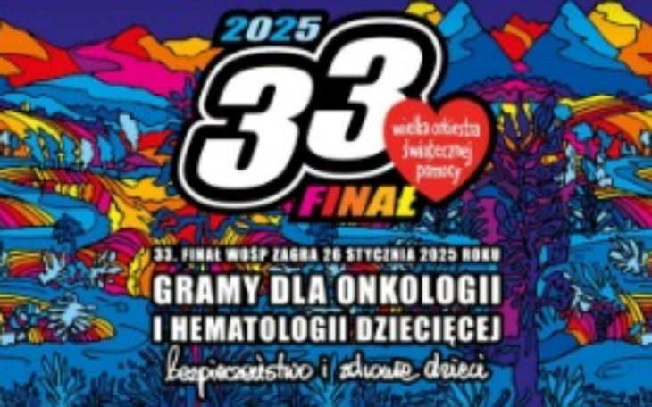 Plakat 33. Finału WOŚP z datą i hasłem o pomocy dla dzieci.