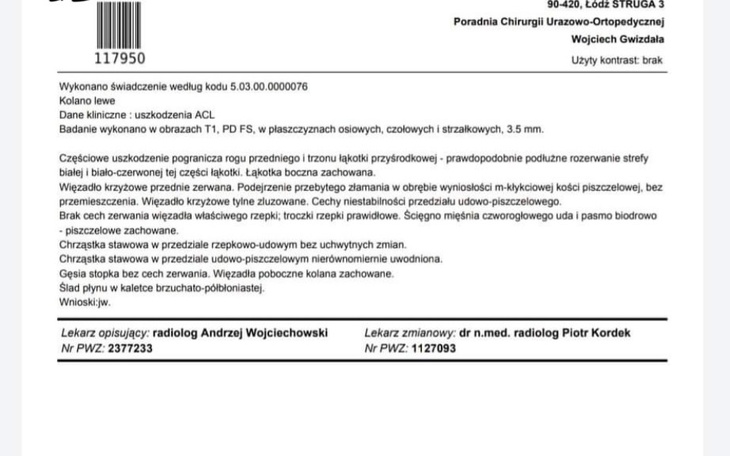 Zbiórka Na operacje więzadła ACL - zdjęcie główne