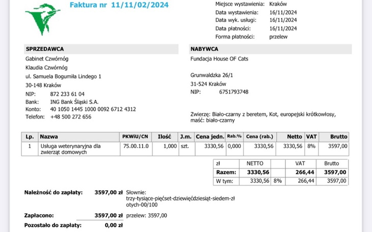 Faktura za usługi weterynaryjne, szczegóły transakcji.