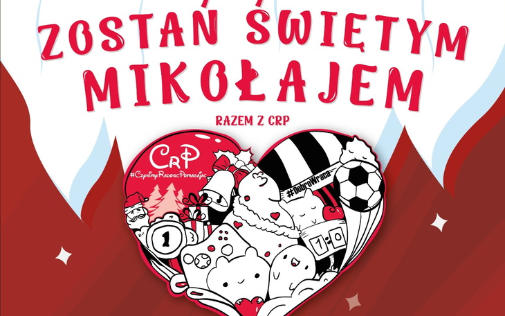 Grafika promująca akcję 'Zostań Świętym Mikołajem' z różnymi postaciami.