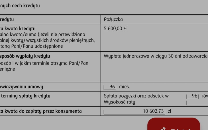 Dokument dotyczący warunków kredytu.