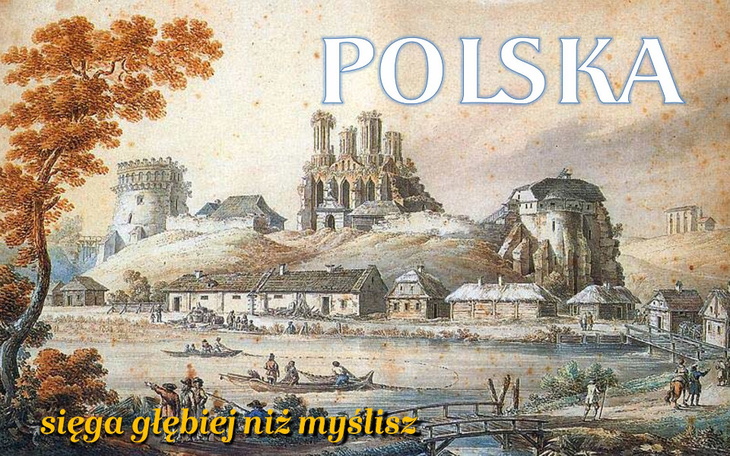 Stary obraz przedstawiający Polskę z napisem 'POLSKA'.