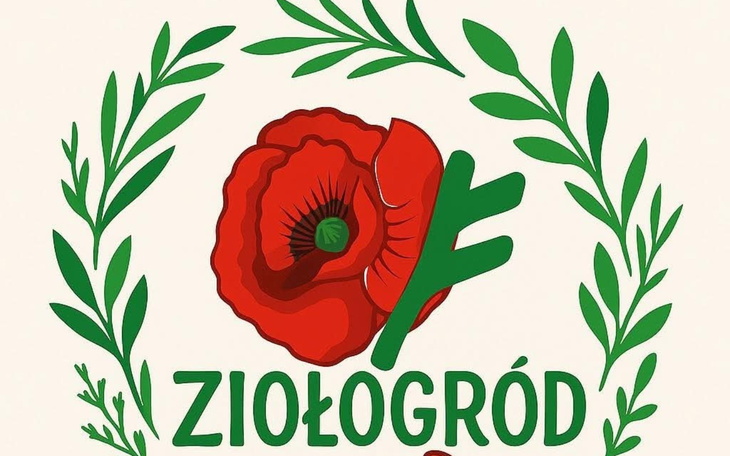 Logo Ziołogród z czerwonym makiem i zielonymi liśćmi.