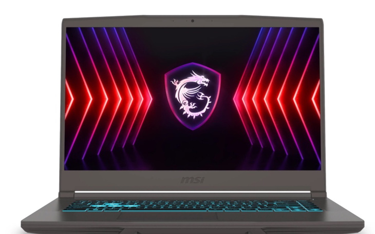 Laptop MSI z kolorowym podświetleniem na ekranie.