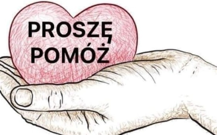 Rysunek ręki trzymającej serce z napisem 'Proszę pomóż'.