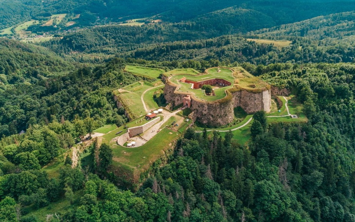 Widok z lotu ptaka na zamek otoczony zielonymi lasami.