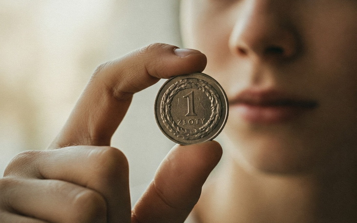 Osoba trzymająca monetę 1 złotową, z bliskim ujęciem twarzy.