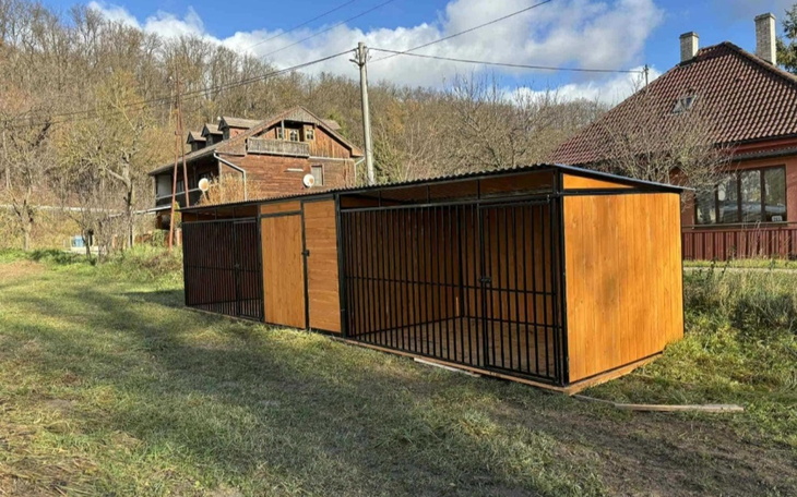 Nowoczesna budka dla psów z drewnianą konstrukcją.