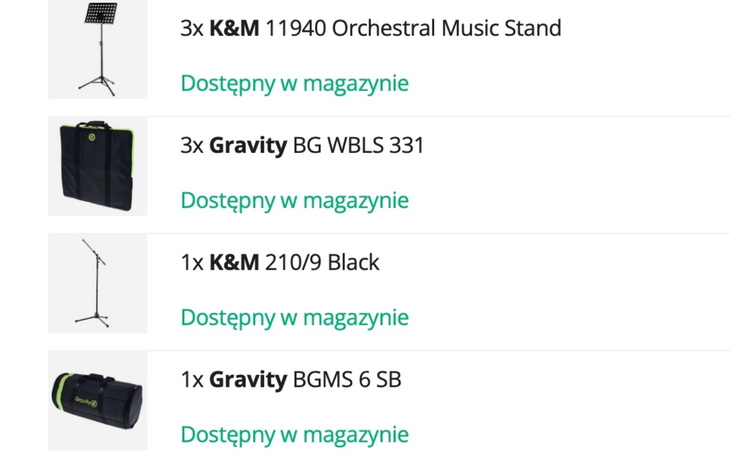 Lista dostępnych statywów muzycznych i akcesoriów.