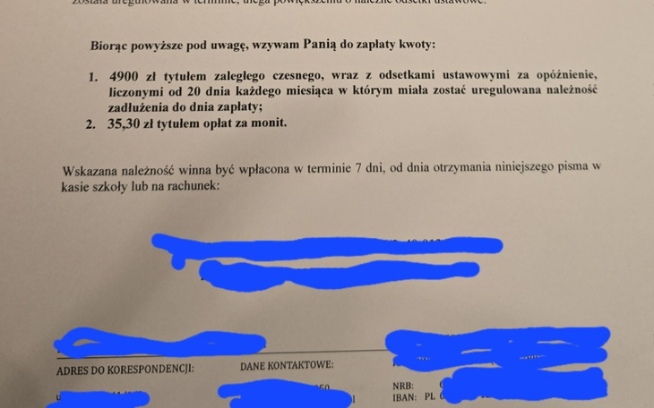 Dokument dotyczący zaległości finansowych.
