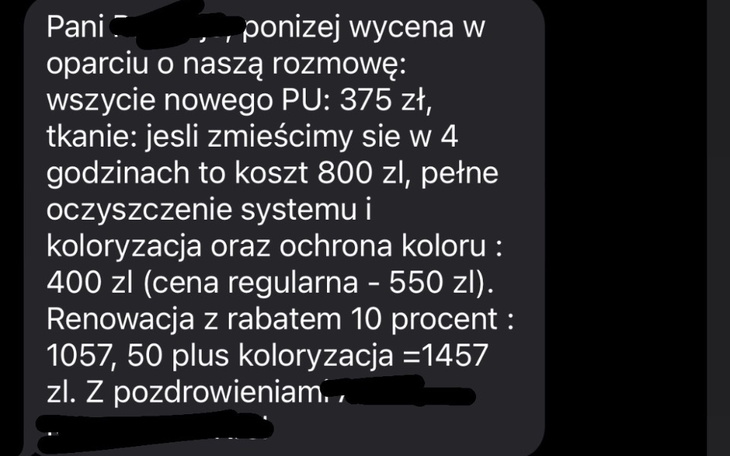 Wiadomość tekstowa dotycząca wyceny usług.