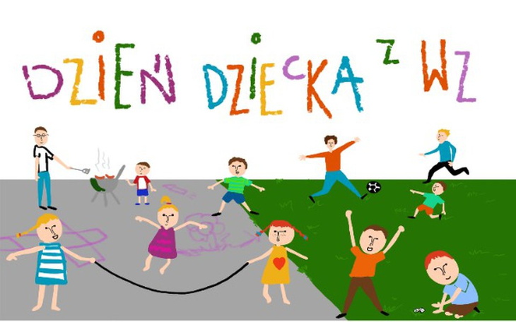 Ilustracja z okazji Dnia Dziecka, dzieci bawiące się na świeżym powietrzu.