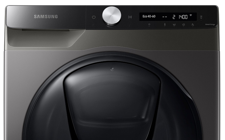 Nowoczesna pralka z dużym bębnem i prostym panelem sterującym.