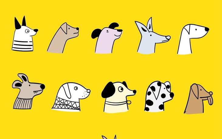 Ilustracja różnych psów na żółtym tle.