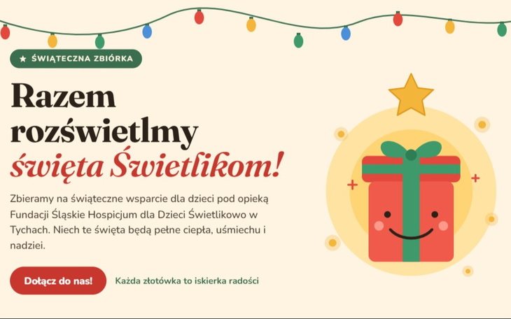Kolorowy balonowy rysunek z prezentem i świątecznymi lampkami.