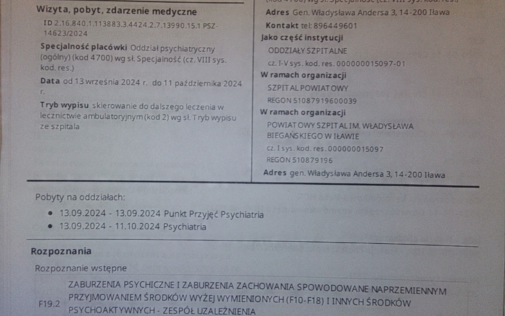 Dokument medyczny z informacjami o wizycie w szpitalu.