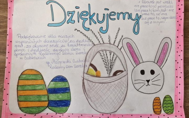 Rysunek z podziękowaniami i wielkanocnymi motywami.