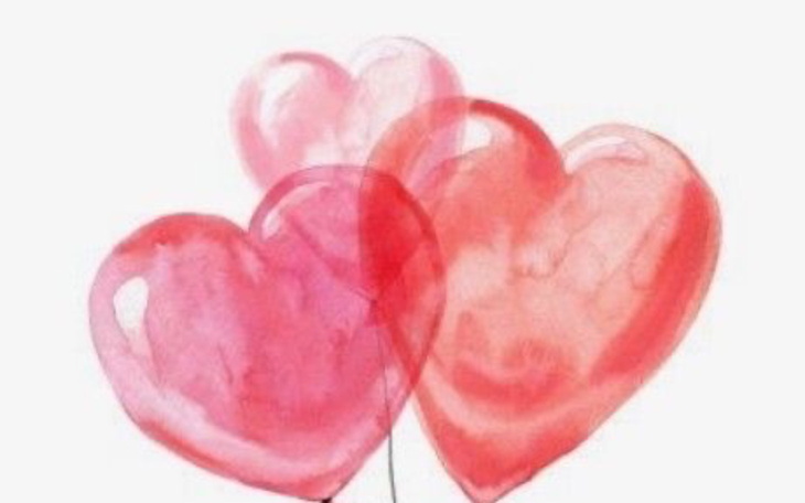 Trzy kolorowe serca namalowane akwarelą.