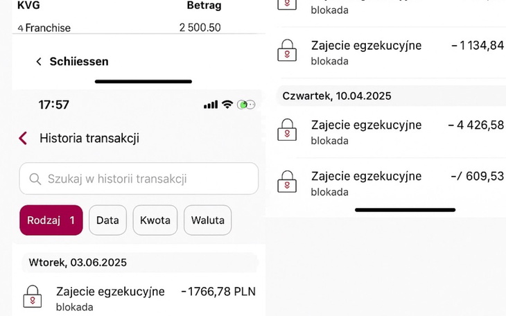 Zrzut ekranu z aplikacji mobilnej z historią transakcji.