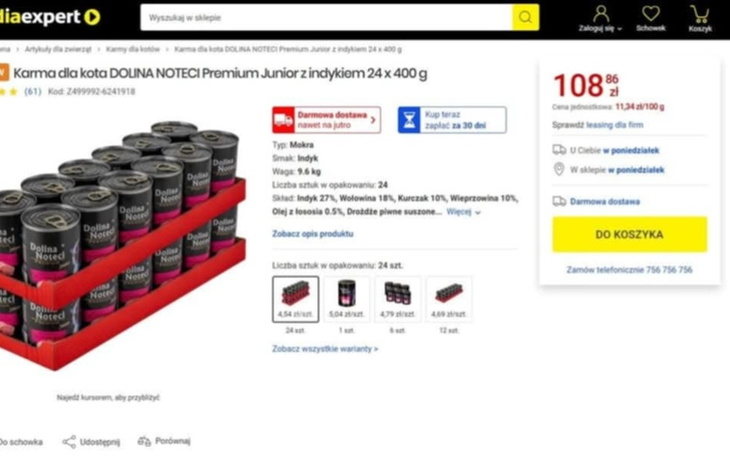 Karma dla kota w puszkach, gotowa do zakupu.