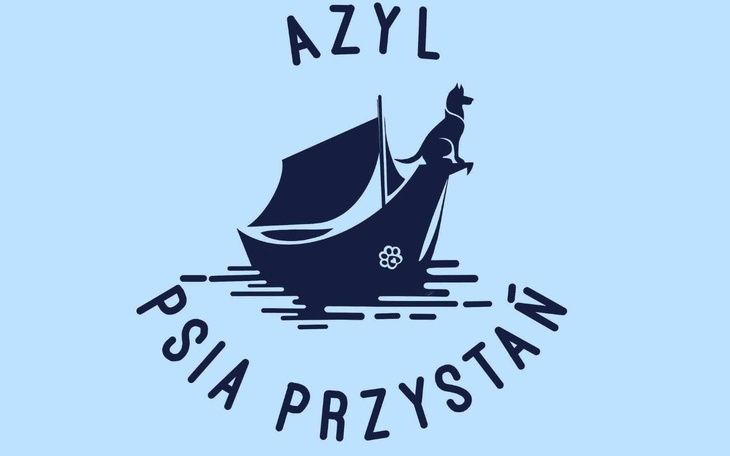 Logo azylu dla psów, łódź z psem na pokładzie.