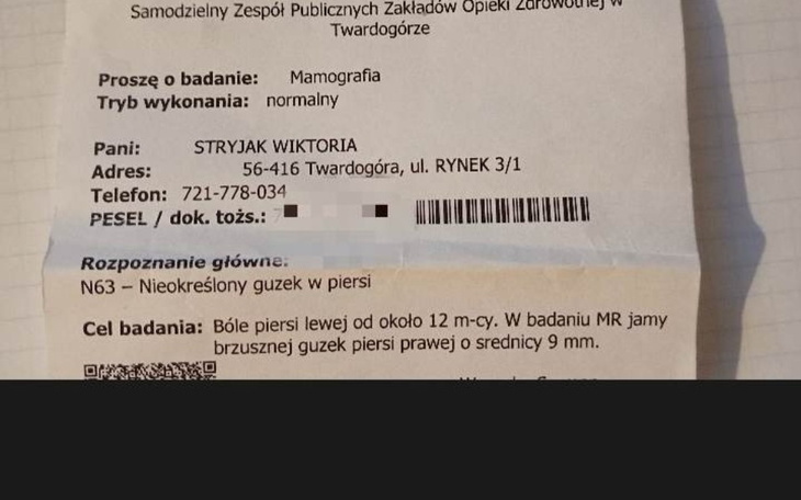 Dokument medyczny dotyczący badania mammograficznego.