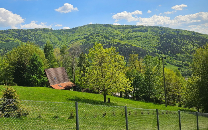 Widok na zielone wzgórza i dom w otoczeniu natury.