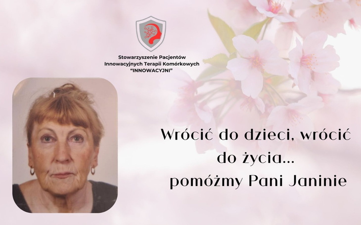 Portret starszej kobiety z napisem o pomocy dla Pani Janiny.