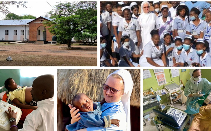 Szpital z zielonym otoczeniem, miejsce opieki zdrowotnej.