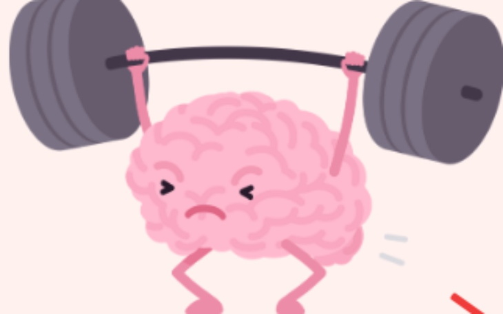 Ilustracja mózgu podnoszącego ciężary, symbolizująca wysiłek umysłowy.
