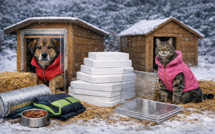 Pies i kot w zimowych ubraniach przed budami.