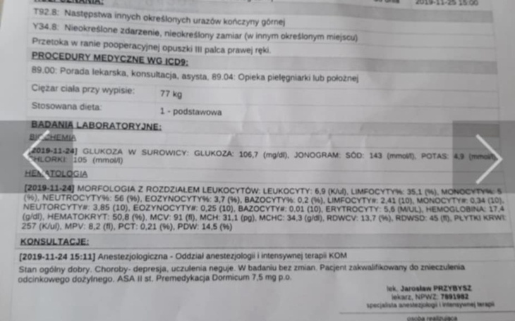 Dokument medyczny z wynikami badań laboratoryjnych.