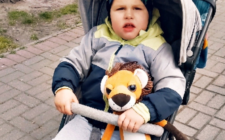 Chłopiec w wózku z pluszowym lwem, wyglądający na zadowolonego.