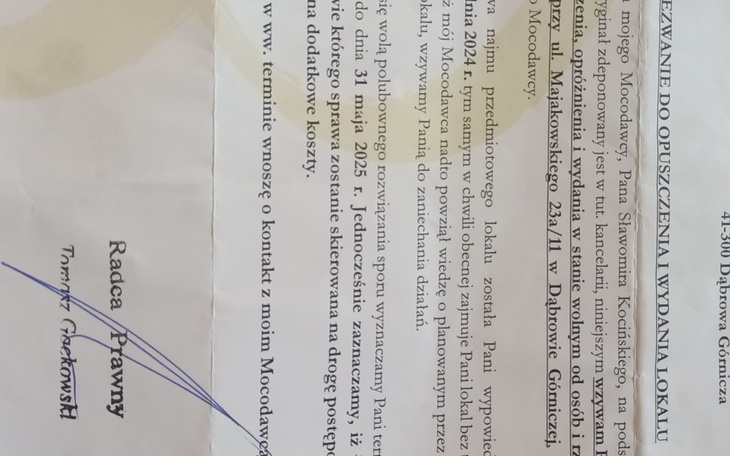 Dokument prawny z informacjami o postępowaniu i kontaktach.