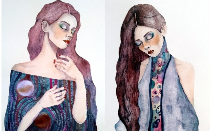 Dwie artystyczne postacie kobiet w akwareli.