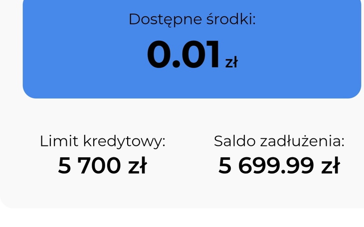 Zrzut ekranu z aplikacji bankowej pokazujący saldo i limit kredytowy.