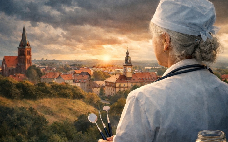 Kobieta w białym fartuchu patrzy na miasto.