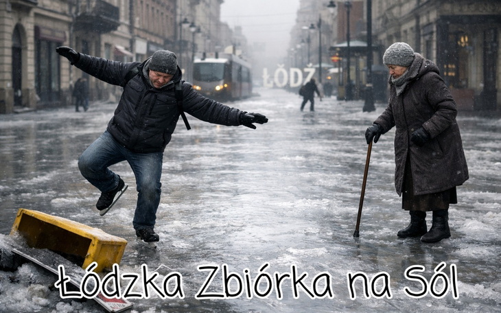 Mężczyzna na lodowatej ulicy, upadający na śliskiej nawierzchni.