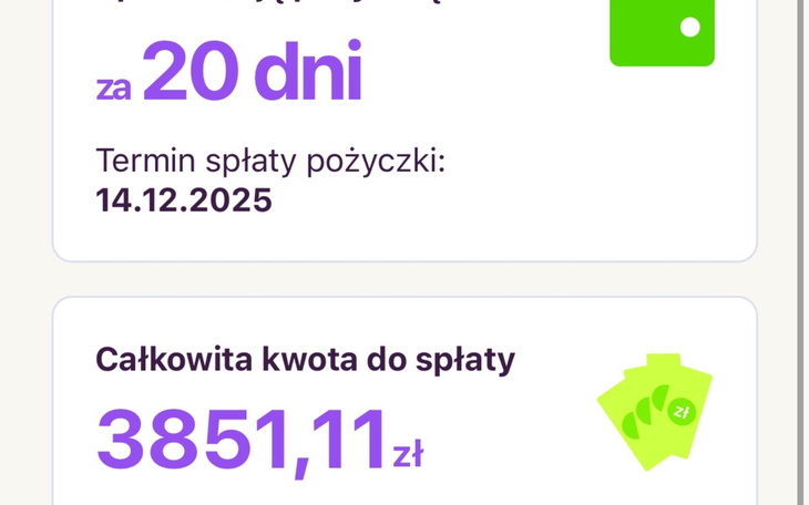 Zrzut ekranu z informacjami o pożyczce, w tym kwota do spłaty.