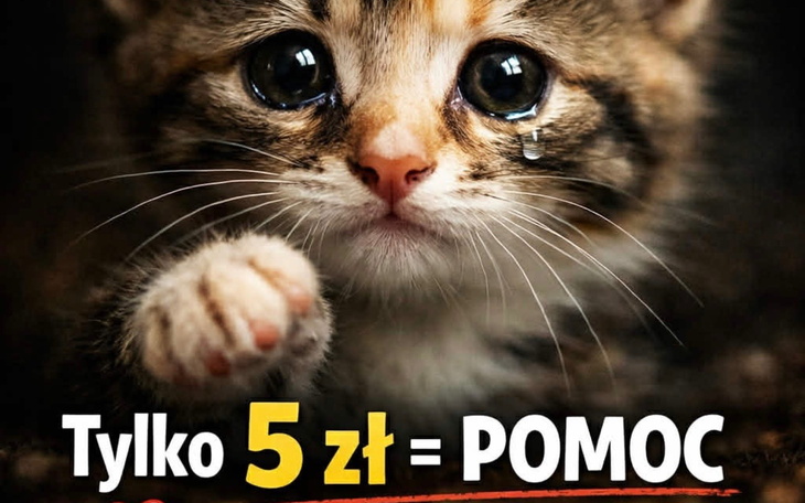 Plakat z kotkiem i hasłem o pomocy.