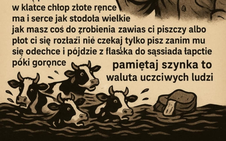 Ilustracja z krowami w wodzie, z tekstem o złotych rękach.