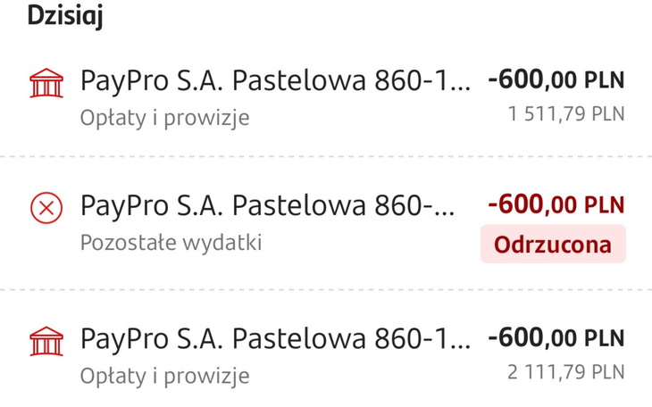 Zrzut ekranu z aplikacji z odrzuconą transakcją.