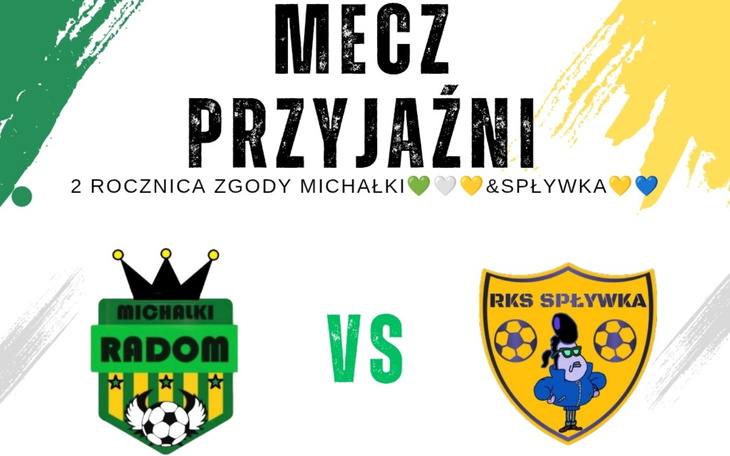 Plakat meczu przyjaźni z logo drużyn i datą.