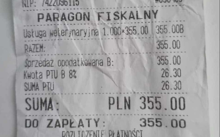 Paragon fiskalny z wydatkiem na usługę weterynaryjną.