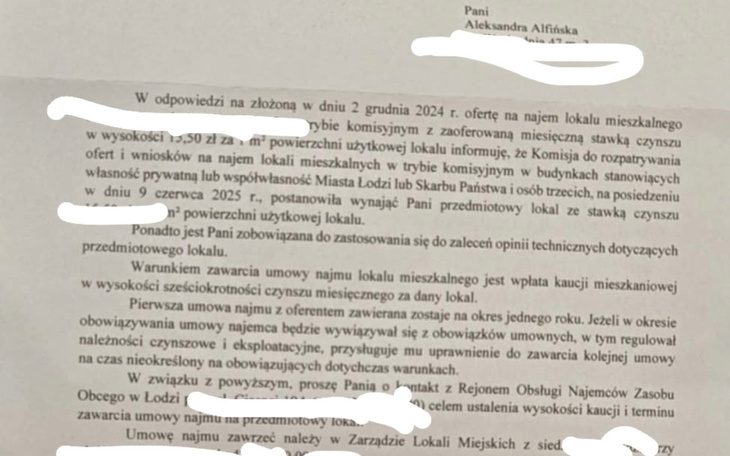 Pismo dotyczące wynajmu mieszkania z informacjami o czynszu.