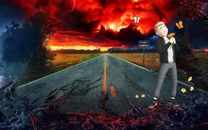 Kreatywna grafika przedstawiająca postać w surrealistycznym świecie.