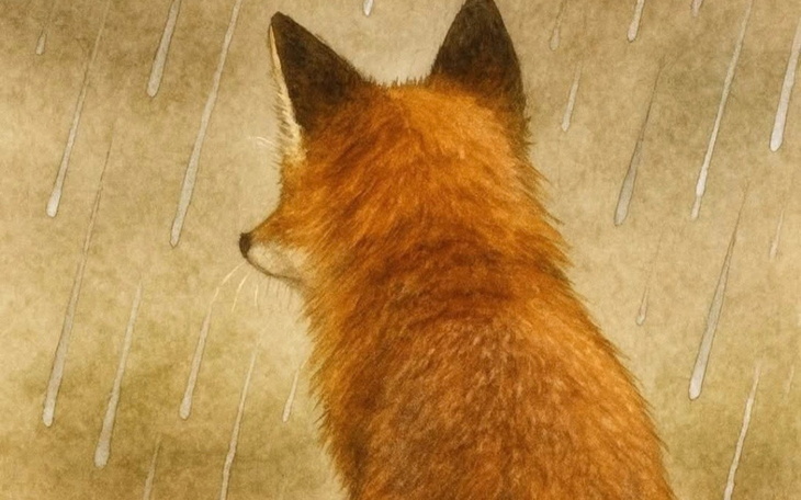 Rysunek lisa patrzącego na deszcz.
