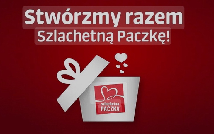 Logo Szlachetnej Paczki na czerwonym tle.