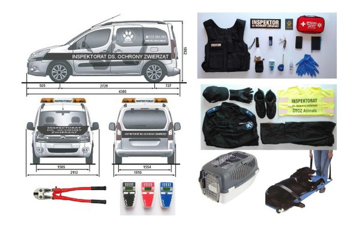 Sprzęt i pojazdy używane przez inspektorat ochrony zwierząt.