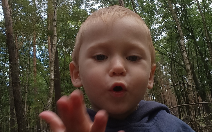 Mały chłopiec w lesie, zaskoczony i ciekawy.